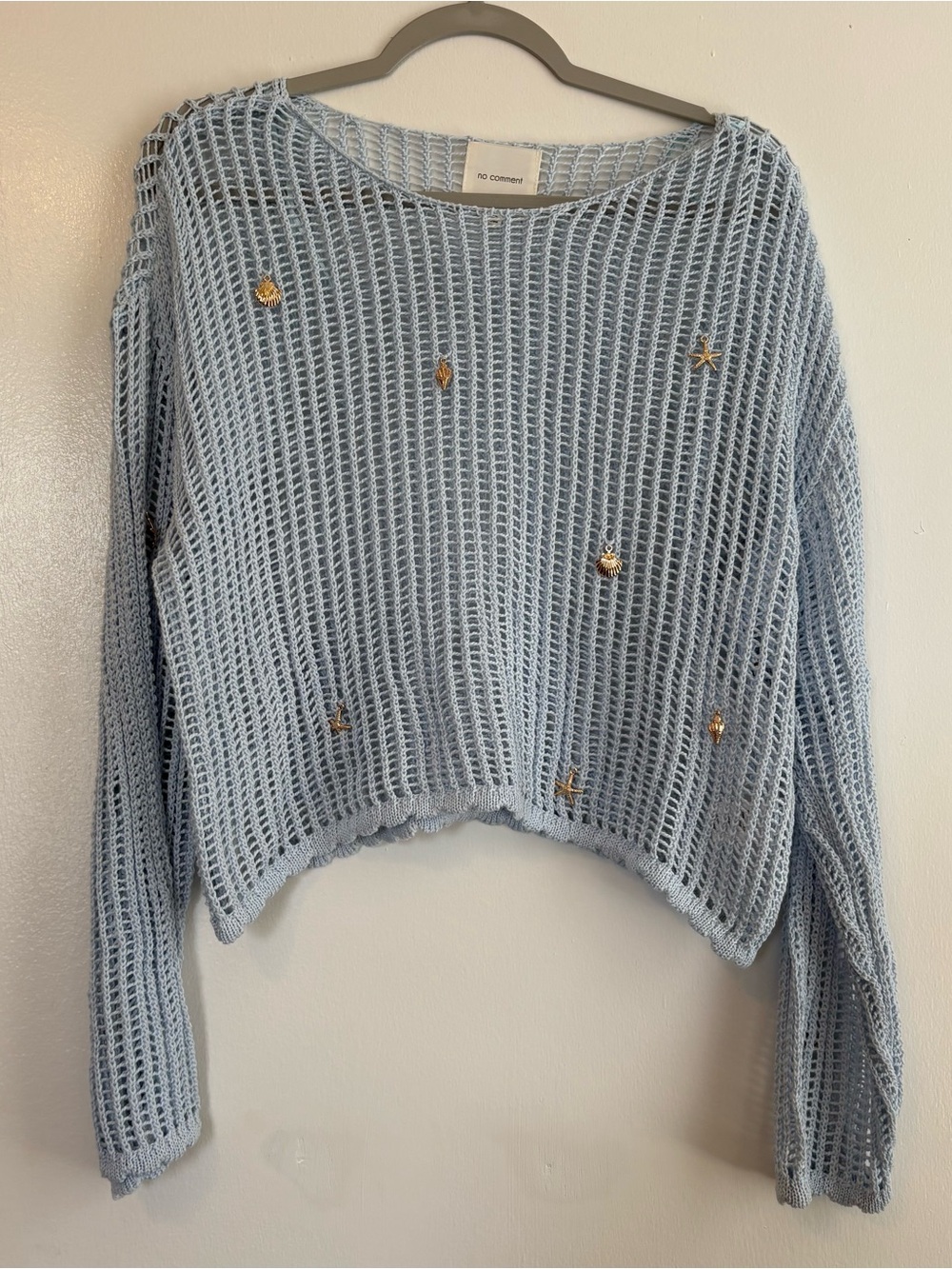 No Comment Blue Boat Neck Open-Knit Pullover Sweater Women’s XL Gold Charms